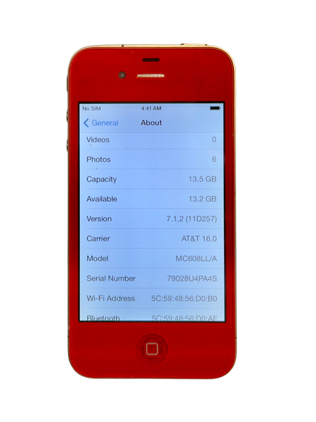 Custom Apple iPhone 4 Red 16GB iOS 7.1.2 MC608LL/A A1332