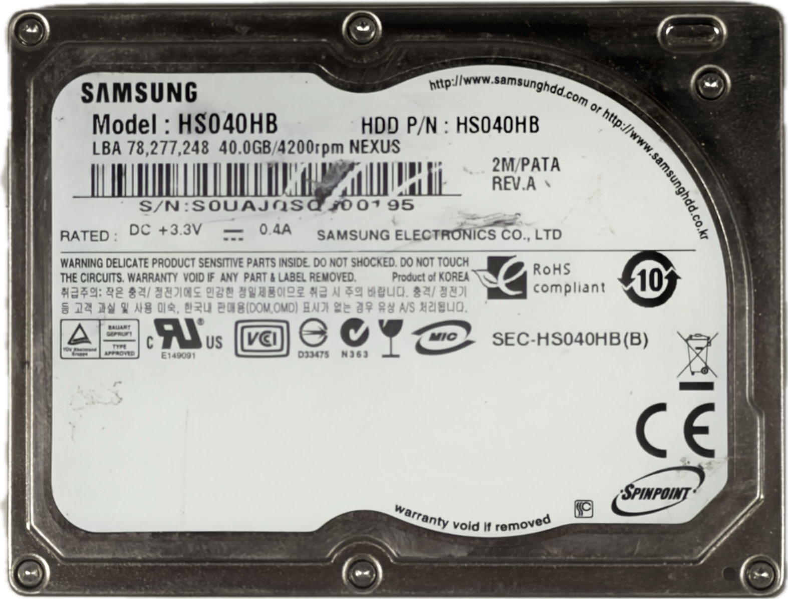 Samsung HS040HB 40GB Thin ZIF HDD Hard Drive 1.8" 40-pin for Apple iPod Classic