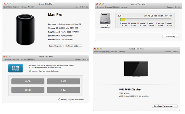 Apple Mac Pro 2013 3.5GHz Intel Xeon 6c/12t 32GB 1866MHz 128GB AMD Radeon FirePro D300 3GB Crossfire A1481 MD878LL/A