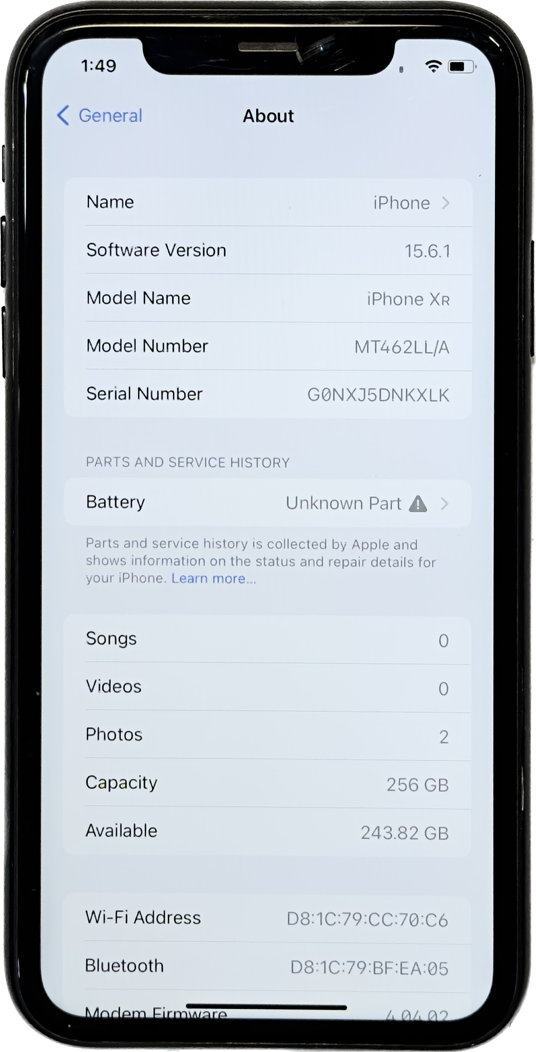 Apple iPhone XR 256GB A1984 MT462LL/A iOS 15.6.1 Transparent Apple iPhone XR 256GB A1984 MT462LL/A iOS 15.6.1 Transparent